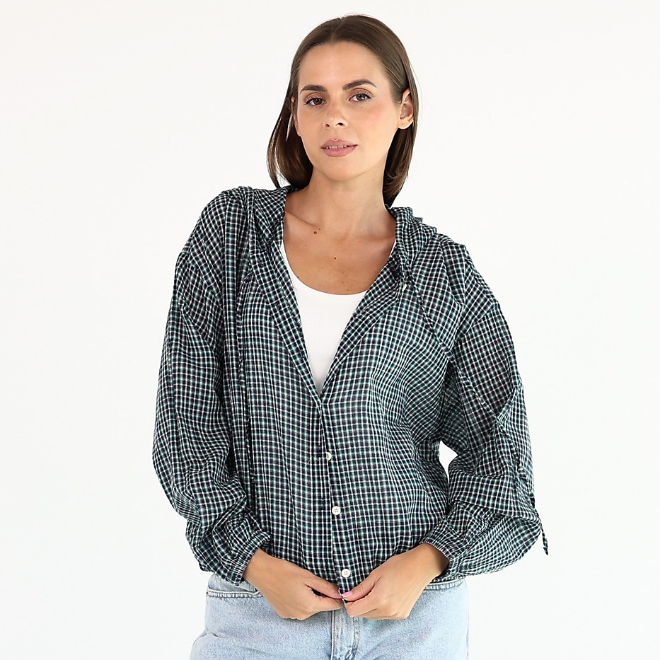 Check Hooded Shirt ( Navy Blue )