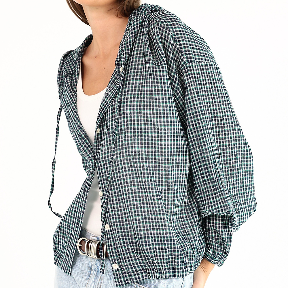 Check Hooded Shirt ( Navy Blue )