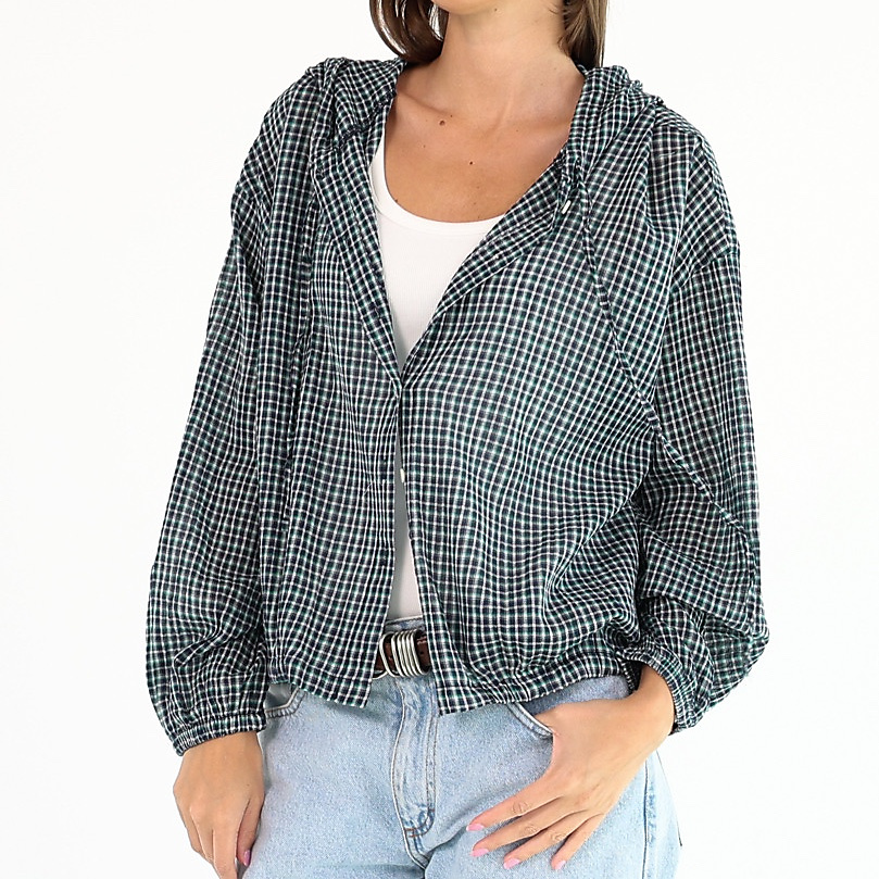 Check Hooded Shirt ( Navy Blue )
