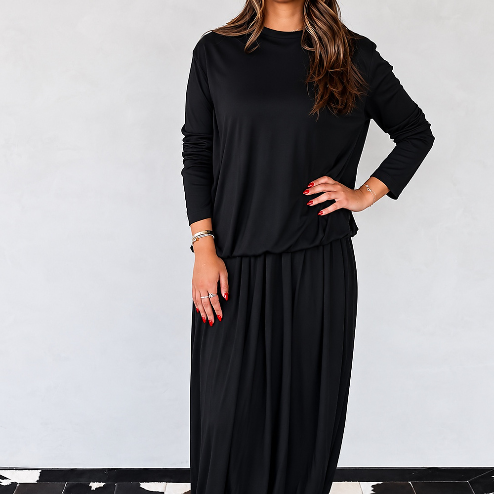 Light Wool Top & Maxi Skirt Set Black