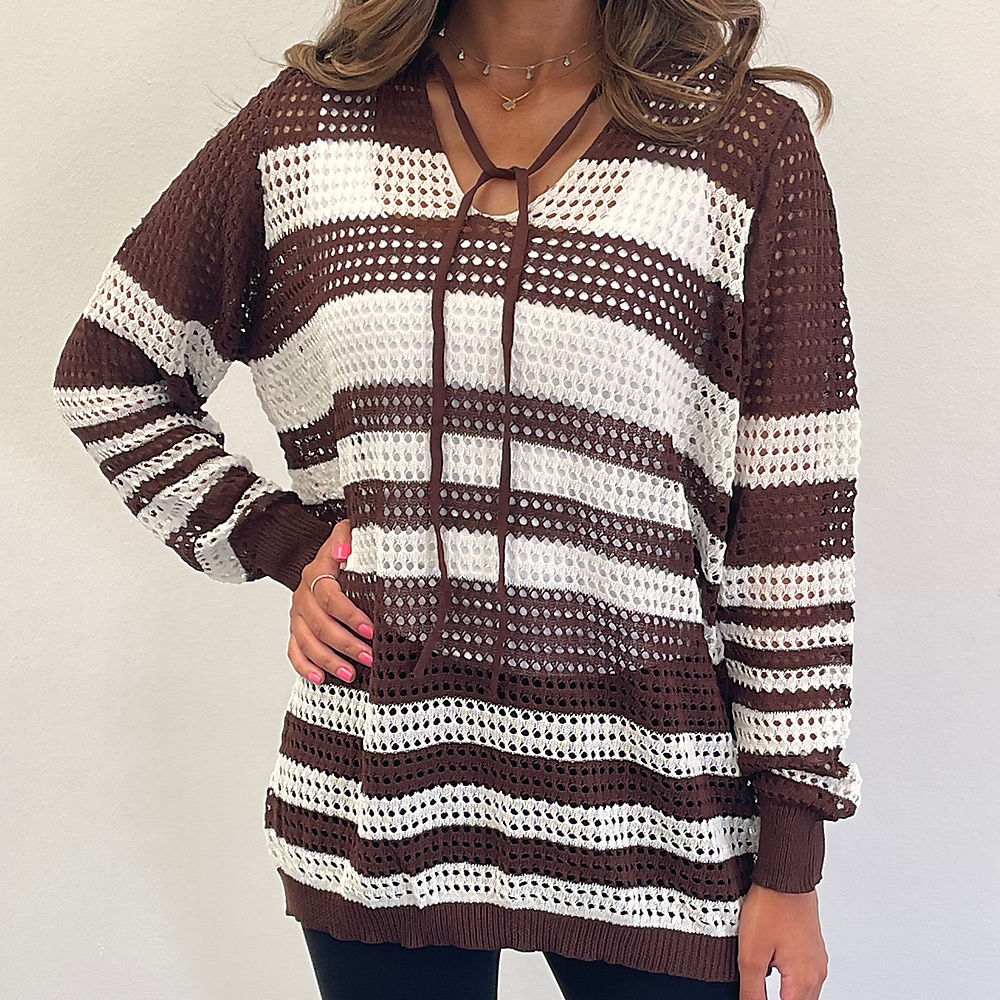 brown Striped mesh top