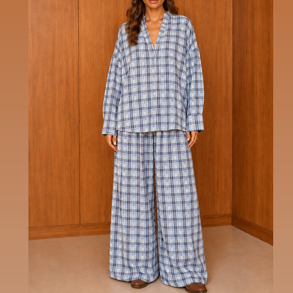 Plaid blue Set ( Free size )