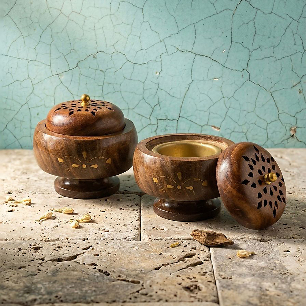 مبخر مطعم بنحاس من خشب المانجو، حجم وسط