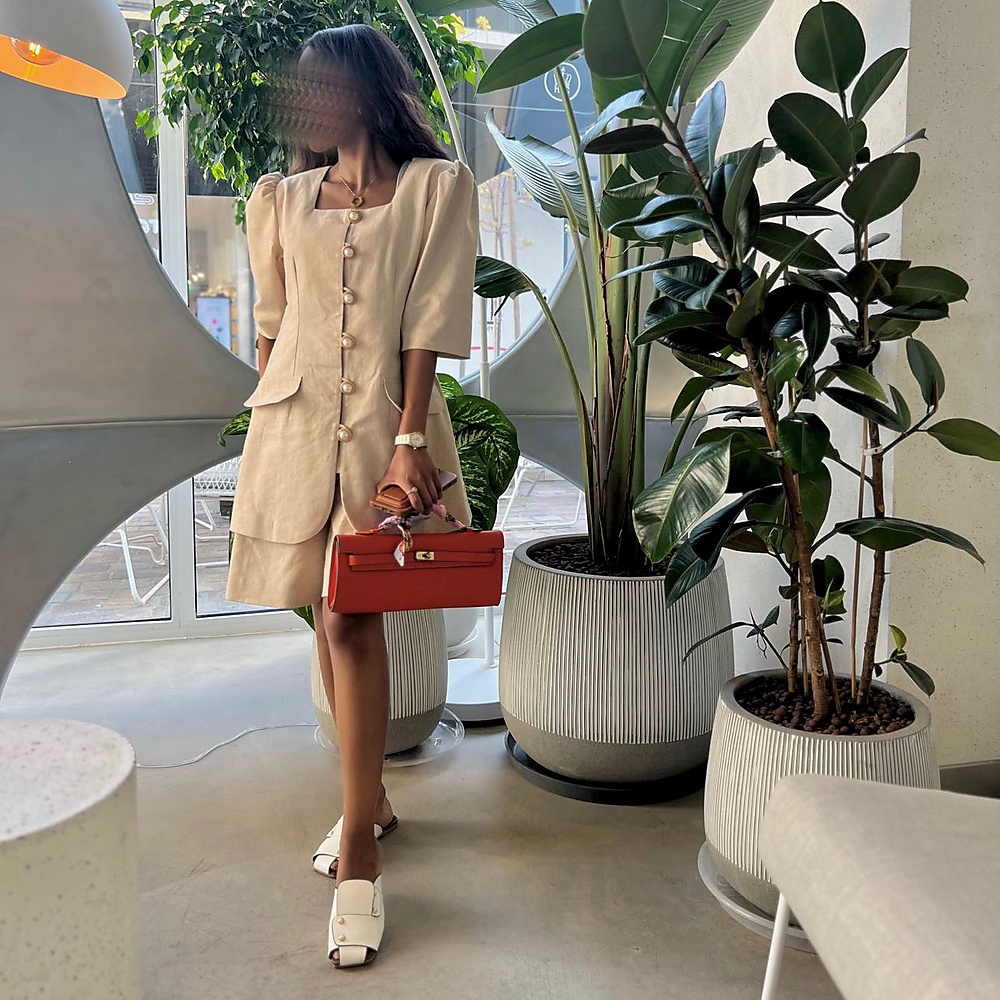 two pieces: top & short beige color