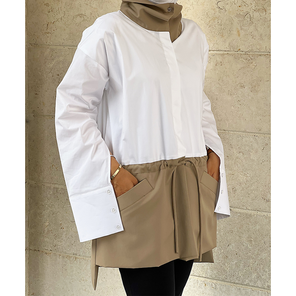 white & beige shirt