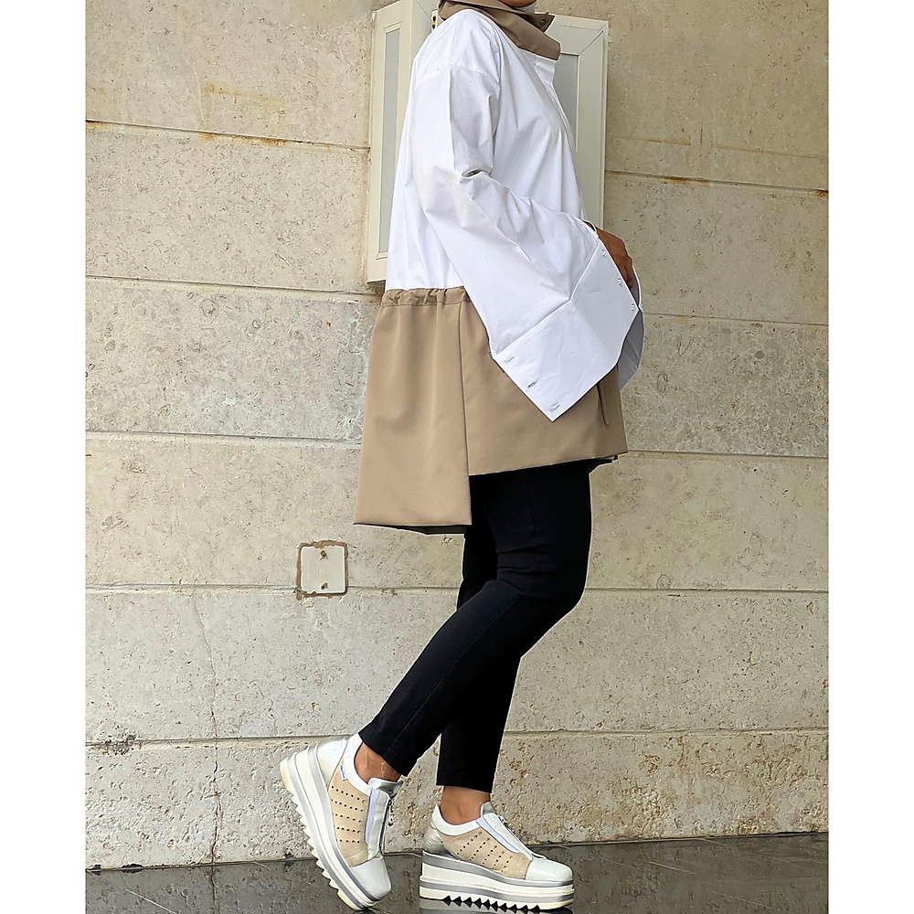 white & beige shirt