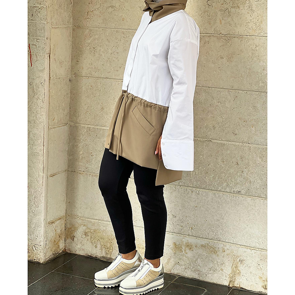 white & beige shirt