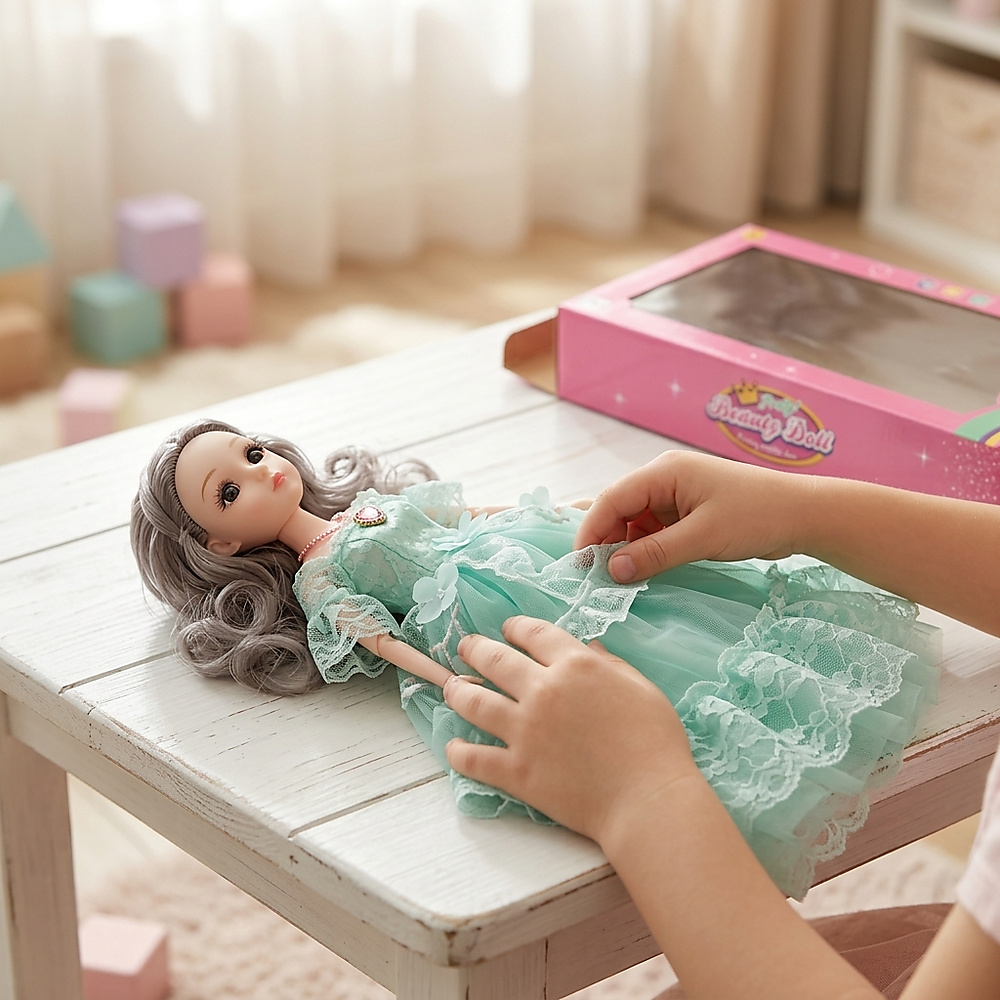 دمية الأميرة الموسيقية الراقصة بفستان زمردي فاخر