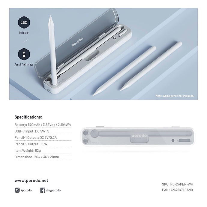 Porodo Wireless Charging & Storage For Pencil 1 & 2 Case
