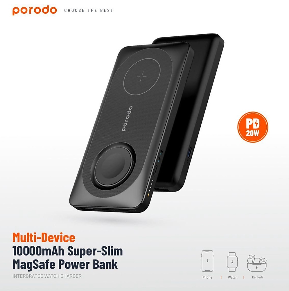 Porodo Multi-Device 10000mAh 20W Super Slim Magsafe باور بانك مدمج للساعة