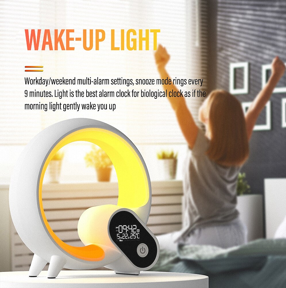 ساعة منبه رقمية بتقنية Q Light التناظرية لشروق الشمس مع سماعة بلوتوث