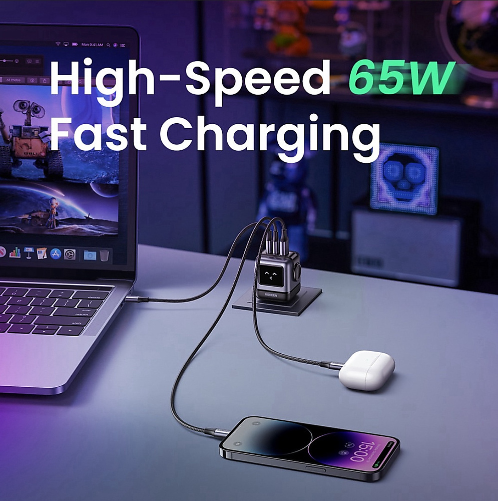 شاحن Ugreen Nexode RG 65W 3-Port GaN Fast Charger UK Grey