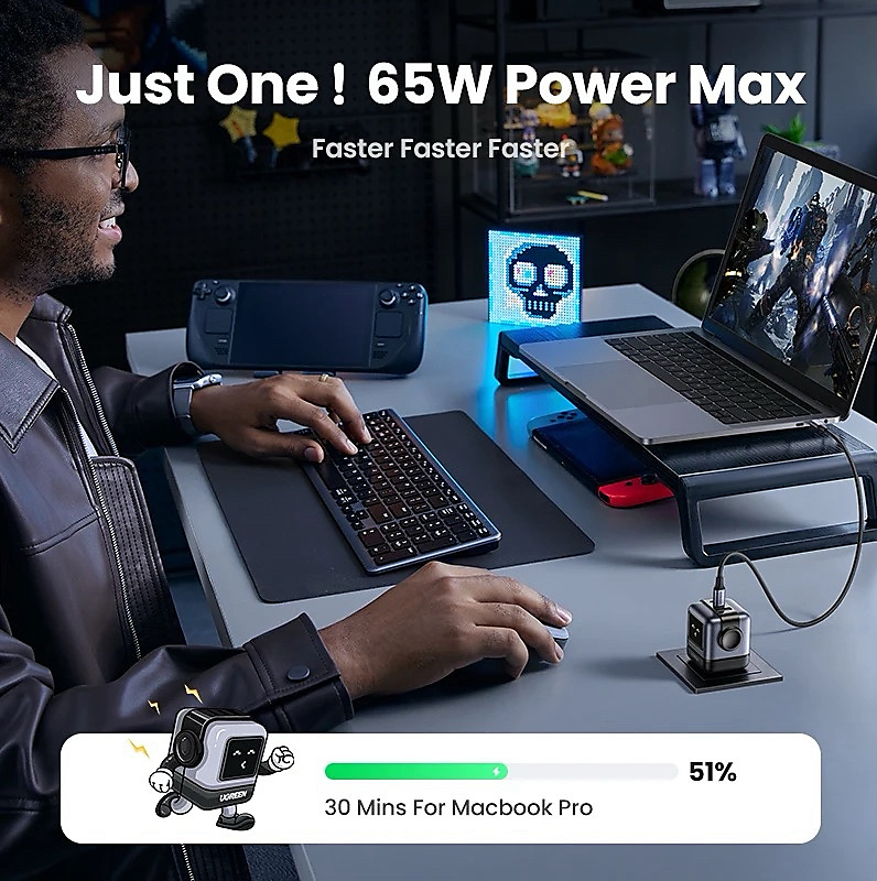 شاحن Ugreen Nexode RG 65W 3-Port GaN Fast Charger UK Grey