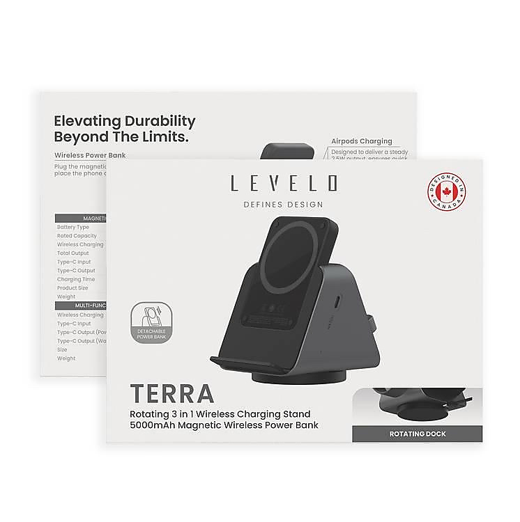 حامل شحن لاسلكي دوار 3 في 1 من Levelo TERRA مع بنك طاقة محمول بسعة 5000 مللي أمبير في الساعة