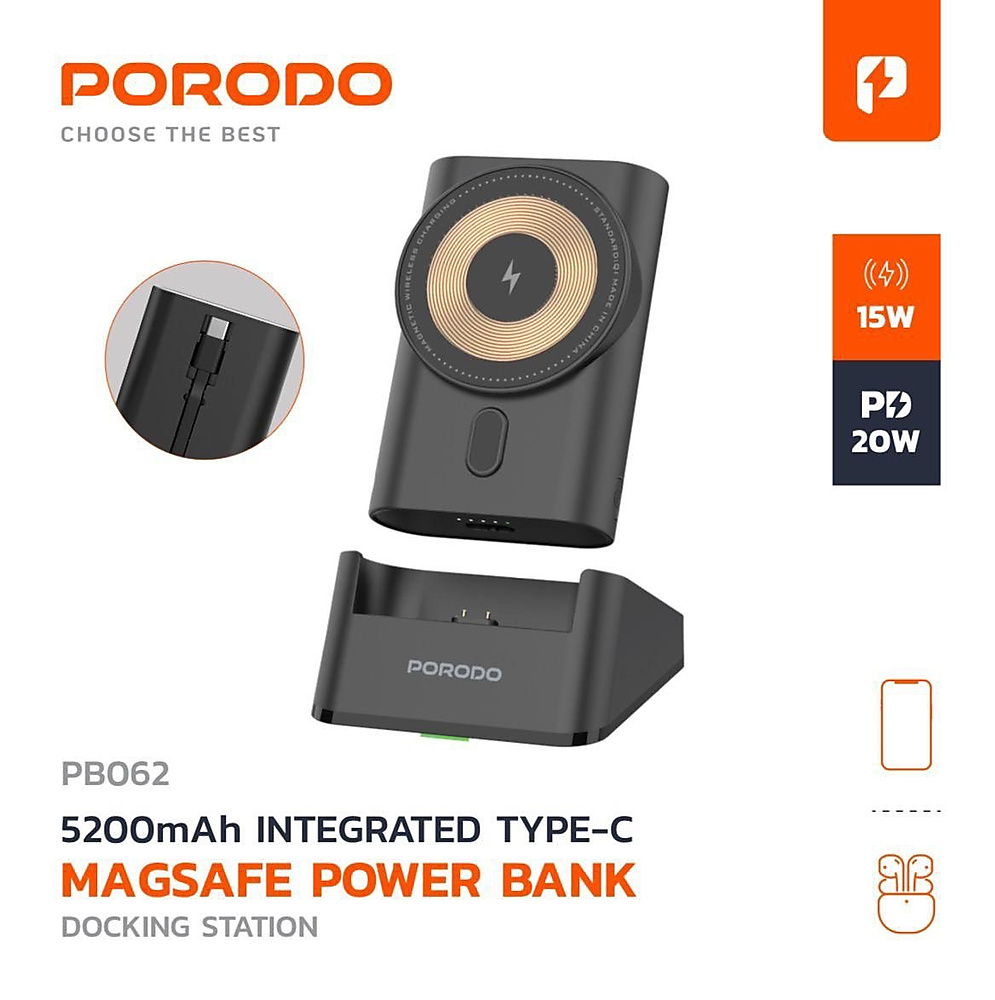 باور بانك  5200 mAh في الساعة مدمج مع منفذ  Type-C Magsafe من Porodo