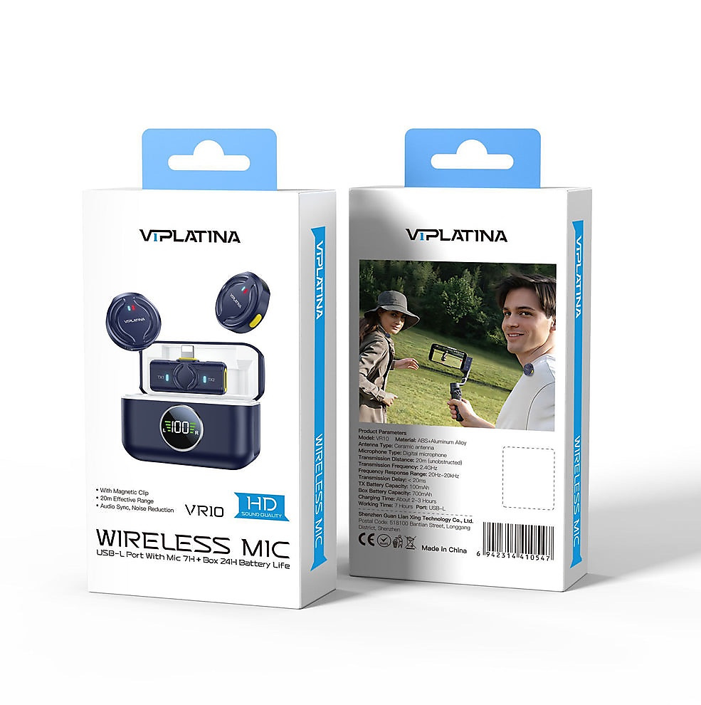 ميكروفون لاسلكي VIPLATINA VR10 - USB-C، مدى 20 مترًا، بطارية تدوم 24 ساعة