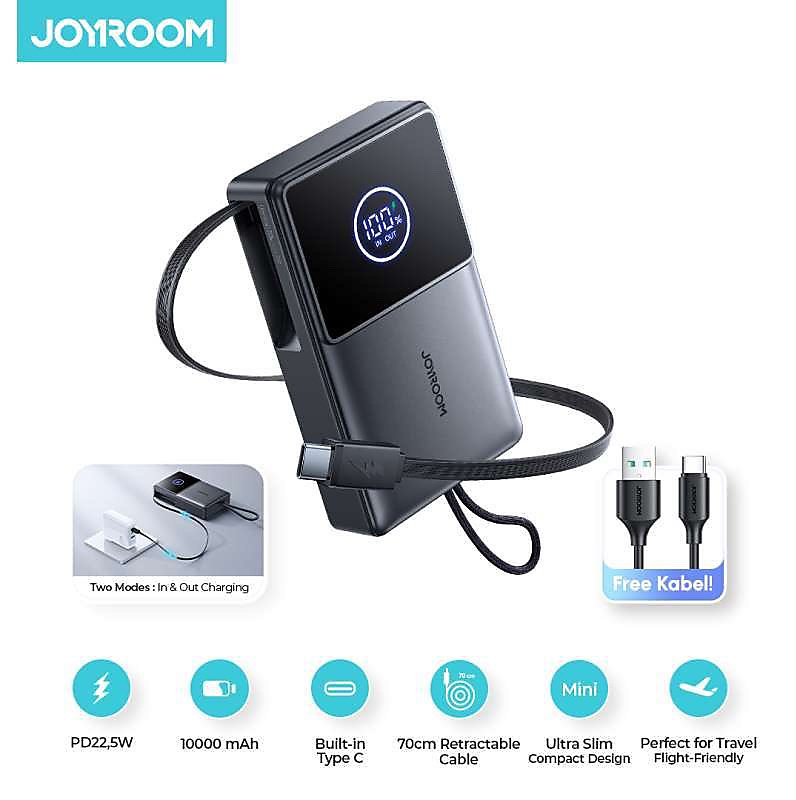 باور بانك JR-PR1 مدمج بكابل قابل للسحب بقوة 22.5 واط، سعة 10000mAh