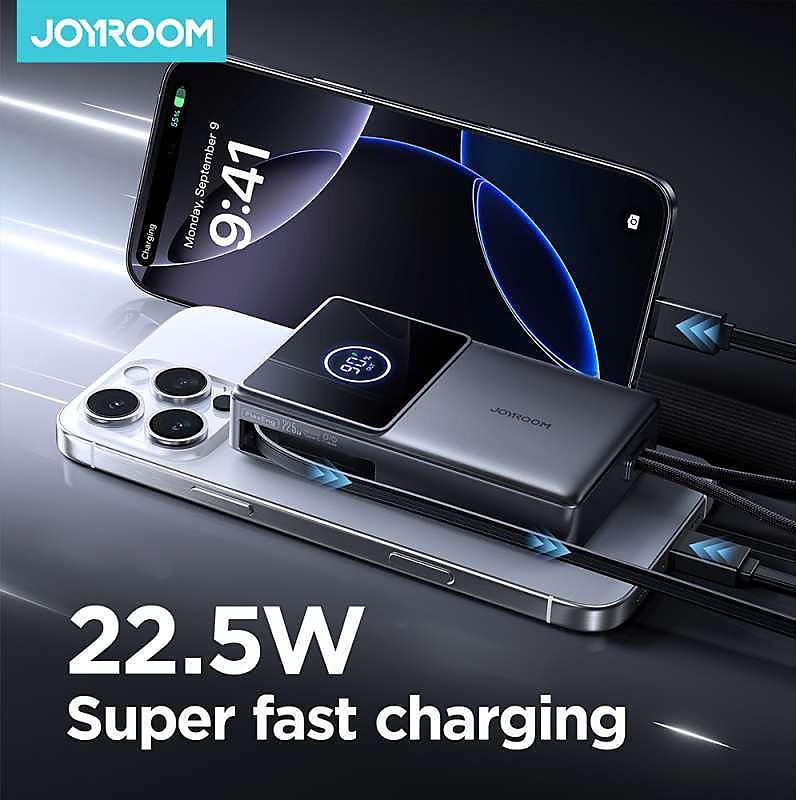 باور بانك JR-PR1 مدمج بكابل قابل للسحب بقوة 22.5 واط، سعة 10000mAh