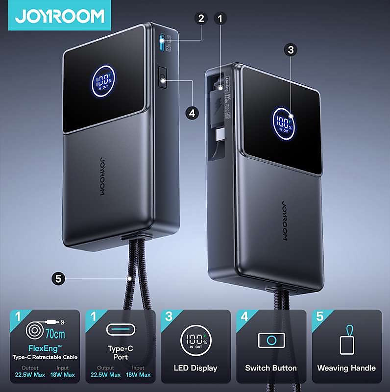 باور بانك JR-PR1 مدمج بكابل قابل للسحب بقوة 22.5 واط، سعة 10000mAh