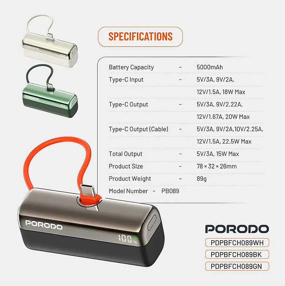 باور بانك Porodo Pocket Volt 5000mAh