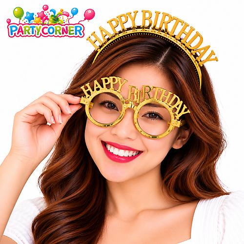 Happy Birthday Headband & Glasses Set –Gold
