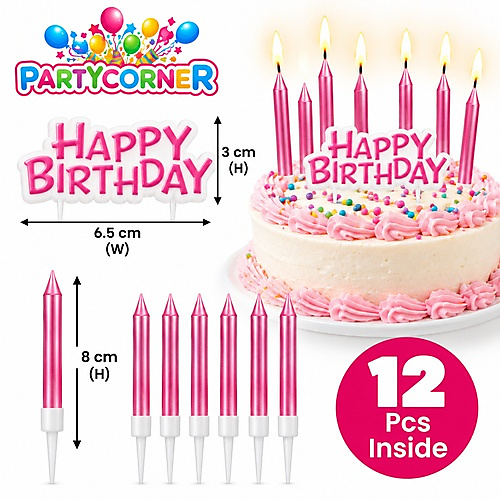 Pink Happy Birthday Cake Topper & Candles Set – 12 Pcs