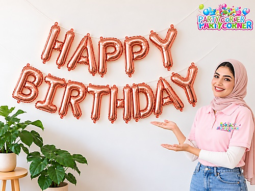 Rose Gold Happy Birthday Balloon Banner-Air Filled & Ready to Use
