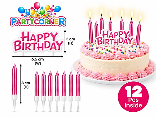Pink Happy Birthday Cake Topper & Candles Set – 12 Pcs