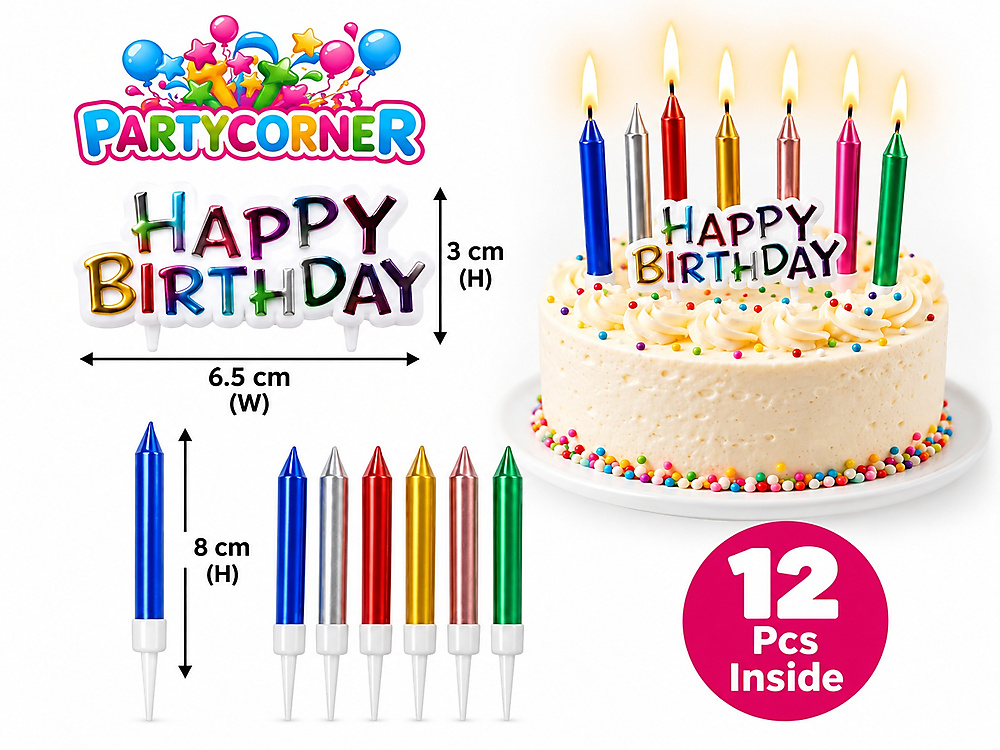 طقم تزيين كيك Happy Birthday مع شموع ملونة – 12 حبة