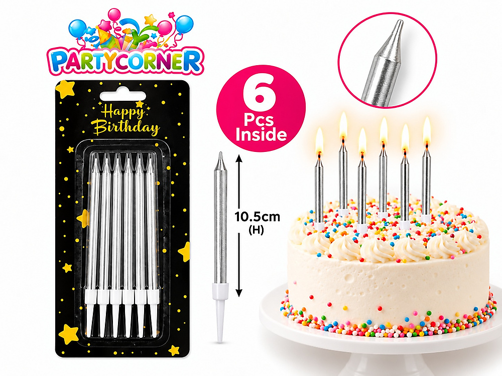 Silver Birthday Candles – 6 Pcs