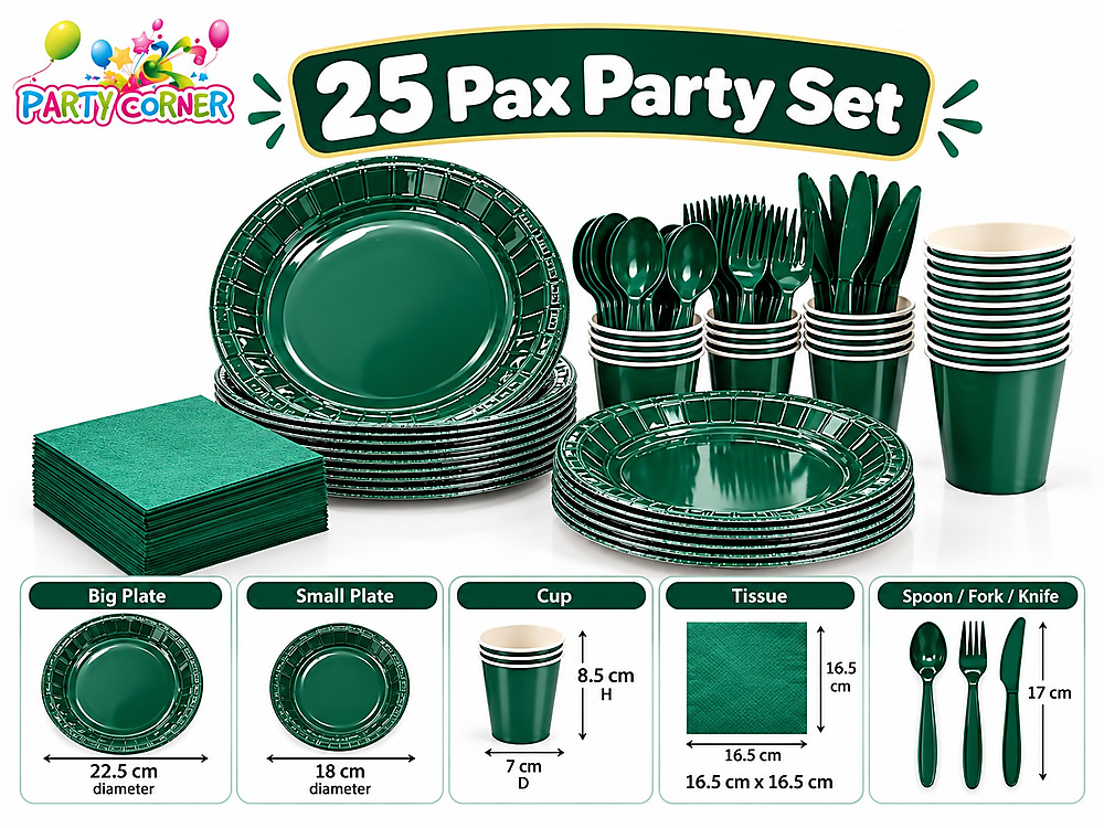 25 Pax Green Party Tableware Set