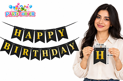 Black and Gold Happy Birthday Banner in arabic