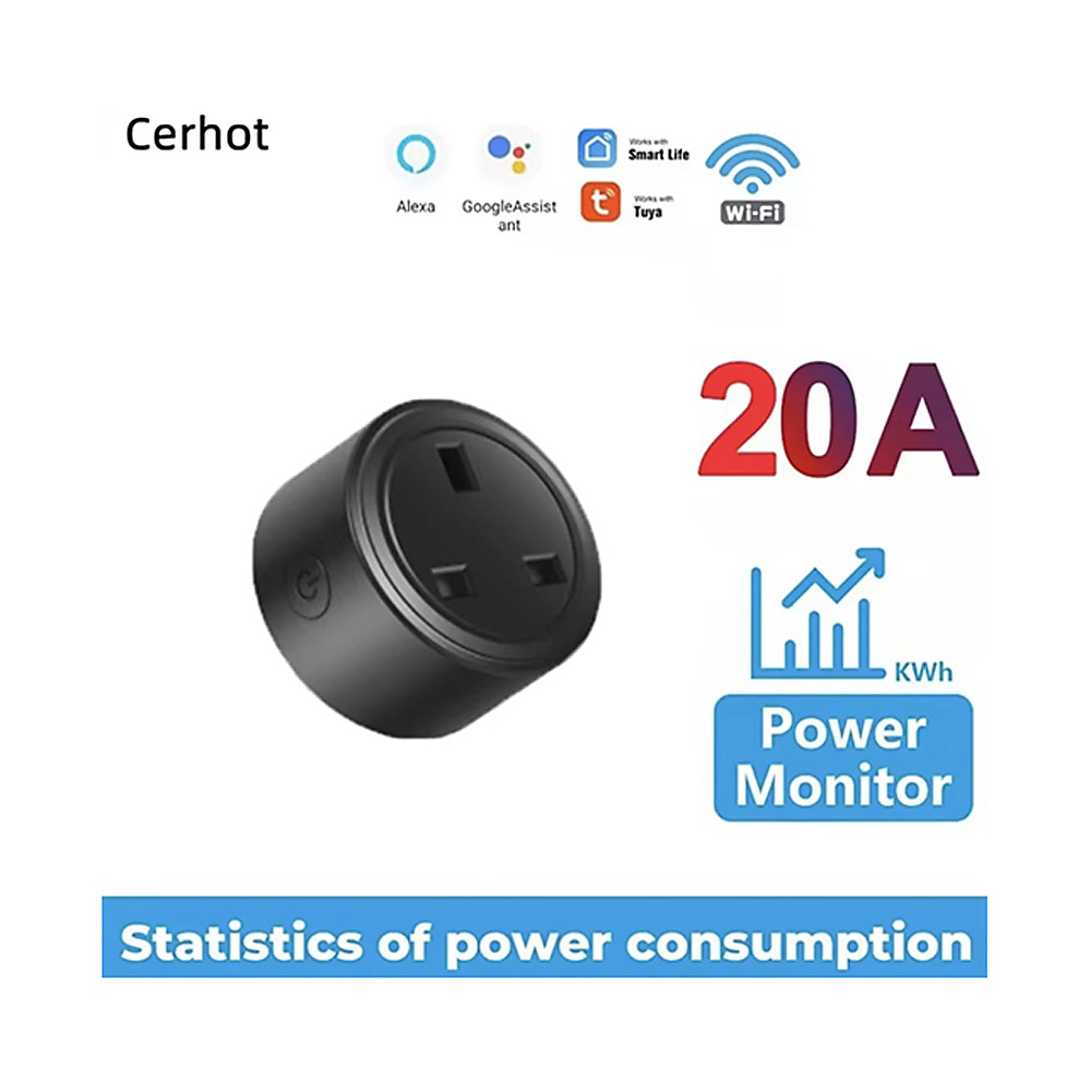 مقبس كهربائي ذكي واي فاي 20 أمبير (Tuya UK Plug) مع ميزة مراقبة استهلاك الطاقة - أسود