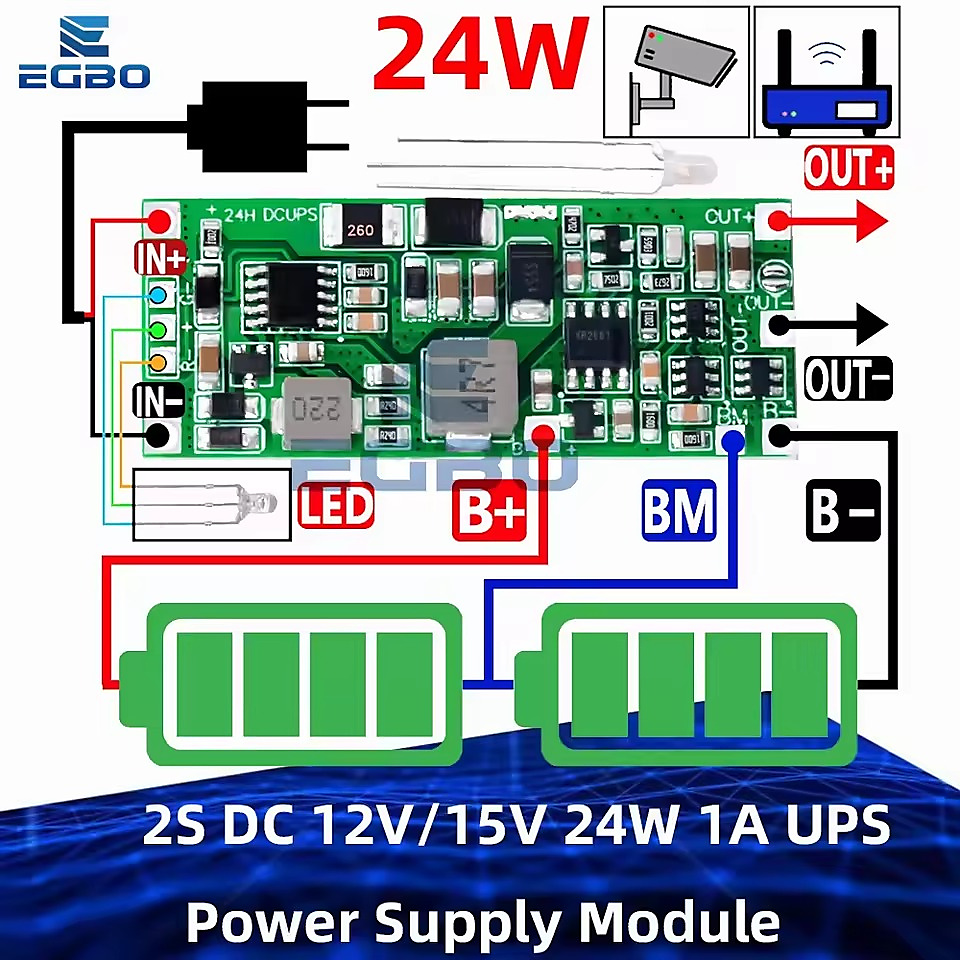 لوحة وحدة طاقة غير المنقطعة UPS لبطاريات الليثيوم (2S 12V/15V 24W 1A) مع تبديل تلقائي للشحن والتفريغ
