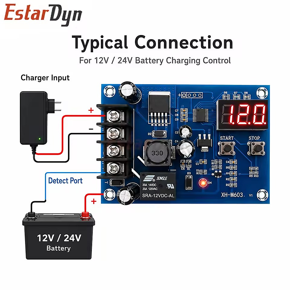 لوحة تحكم شحن بطاريات الليثيوم مع مفتاح قطع تلقائي وشاشة عرض LED (موديل XH-M603 بنظام DC 12-24V)