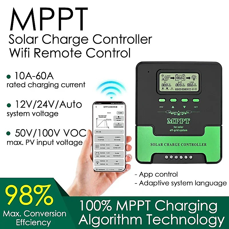 منظم شحن طاقة شمسية ذكي (MPPT) سعة 20 أمبير مع واي فاي (12V/24V)