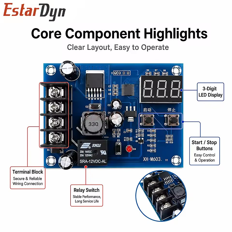 لوحة تحكم شحن بطاريات الليثيوم مع مفتاح قطع تلقائي وشاشة عرض LED (موديل XH-M603 بنظام DC 12-24V)