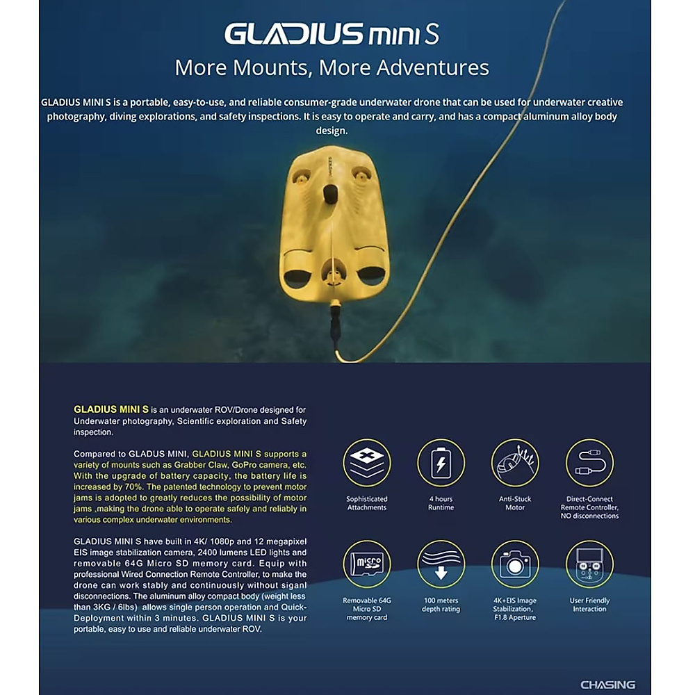 غواصة روبوتية ذكية Gladius Mini S للتصوير والاستكشاف تحت الماء مع ذراع ميكانيكية وكاميرا 4K