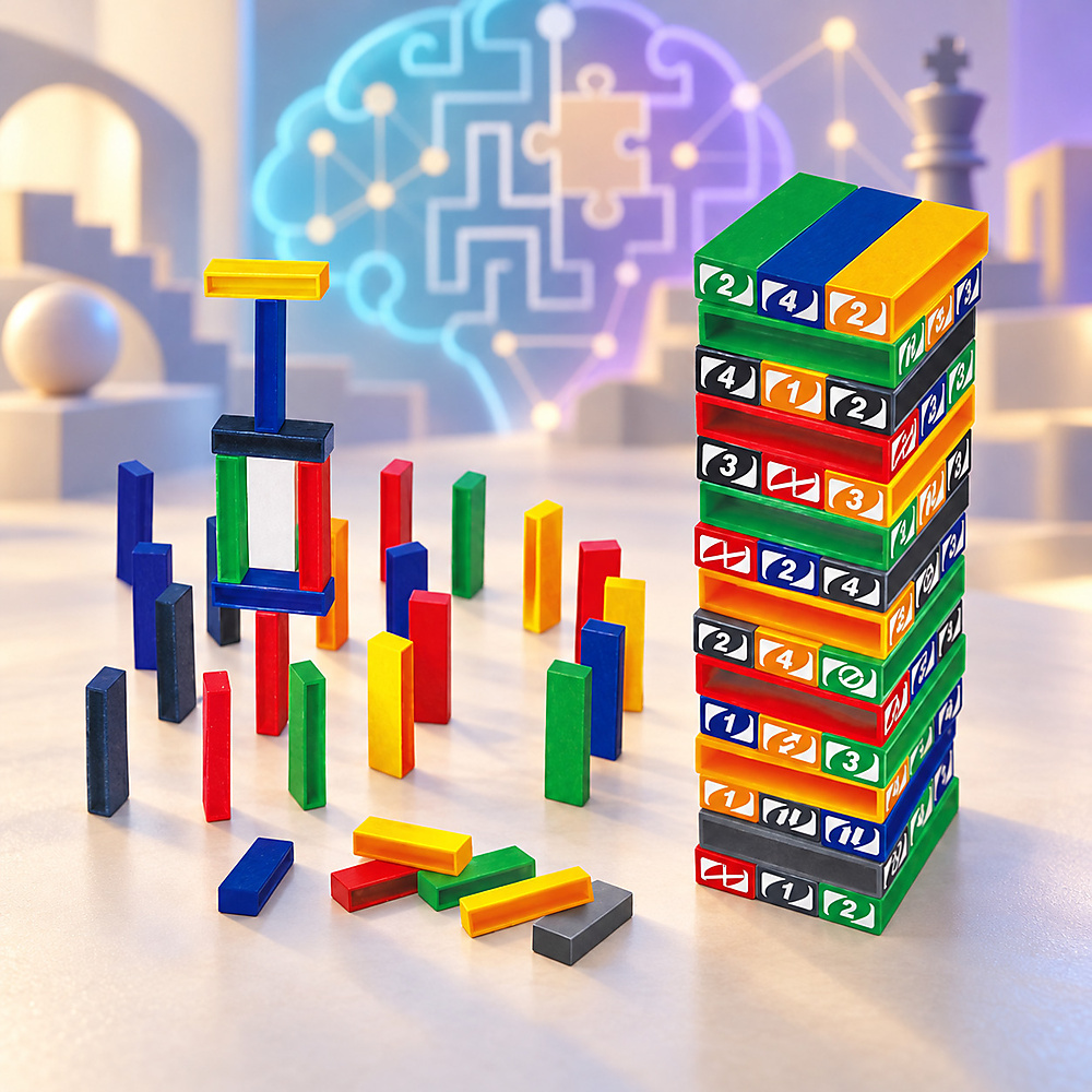 3 games in one game: Jenga, Uno, and Dominoes