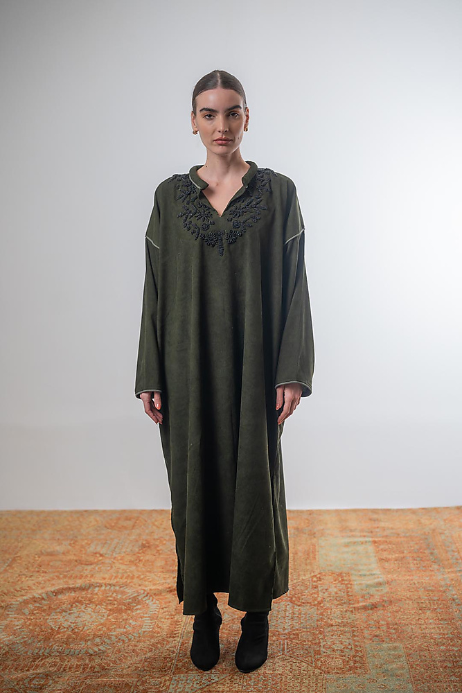 Corduroy caftan with beaded embroidery