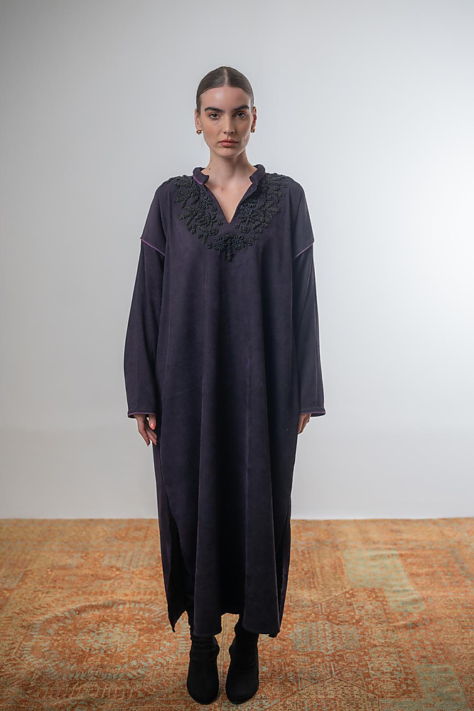 Corduroy caftan with beaded embroidery