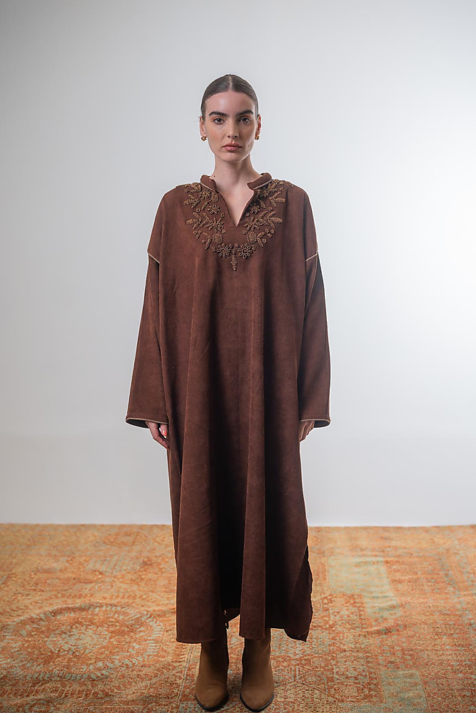 Corduroy caftan with beaded embroidery