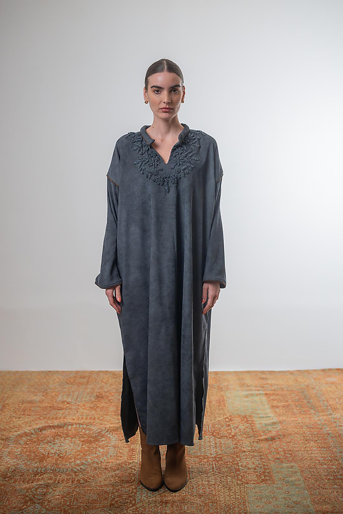 Corduroy caftan with beaded embroidery