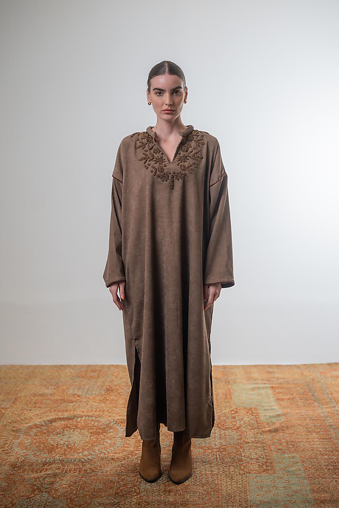 Corduroy caftan with beaded embroidery