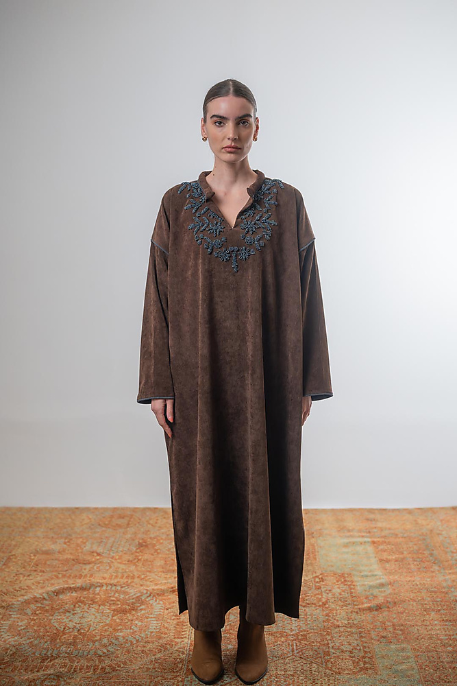 Corduroy caftan with beaded embroidery