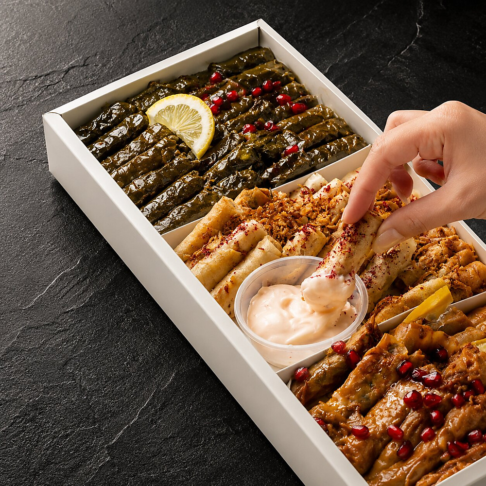 Mix preheated wrapped grape leaves