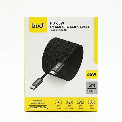 كابل شحن ونقل بيانات من شركة budi - بطول 5 أمتار - بقوة 65 واط