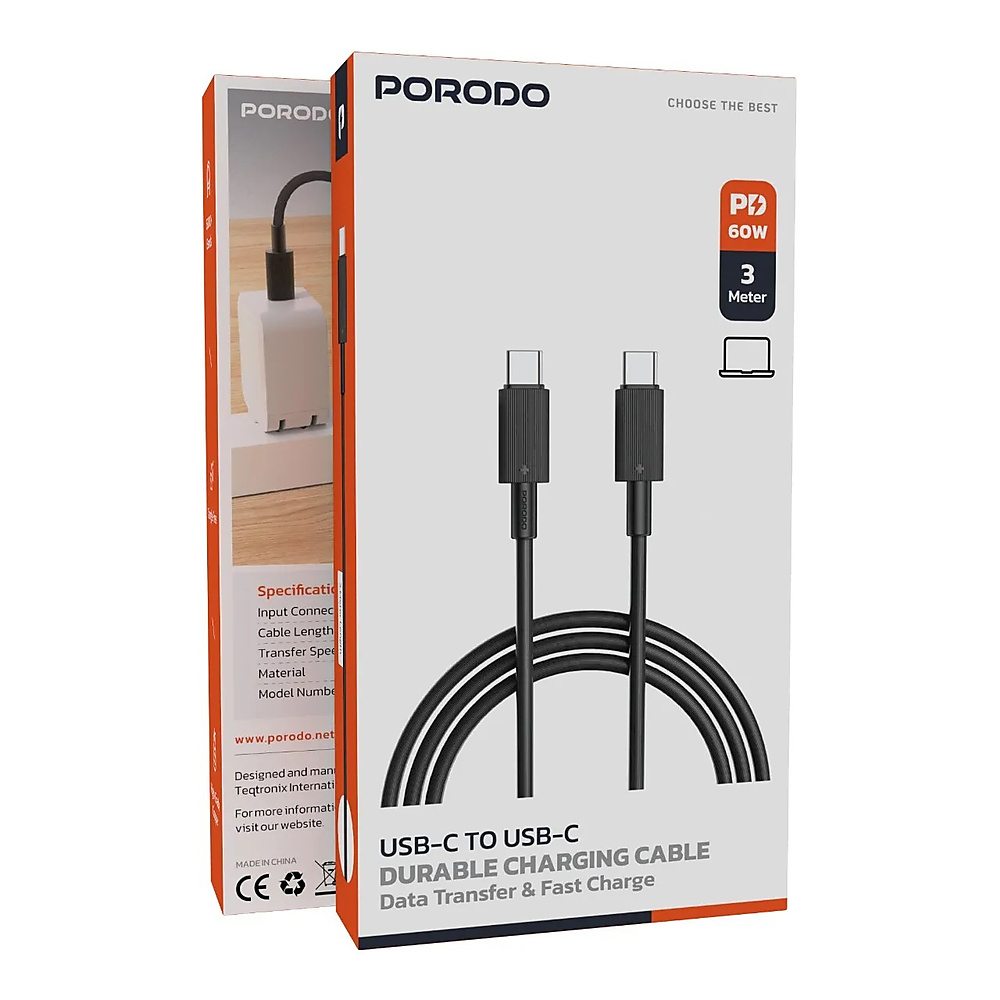 Porodo USB-C to USB-C Durable Charging Cable 3M Black