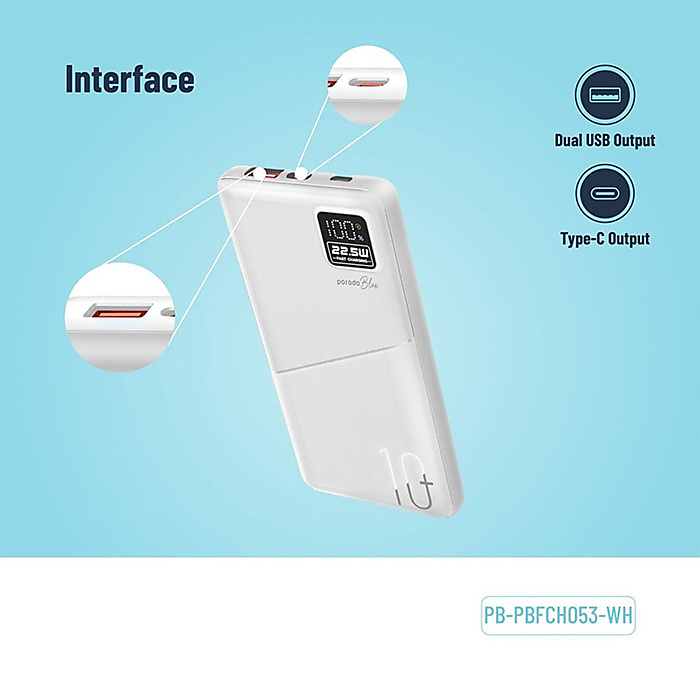Porodo Blue 10000mah Power Bank Type - C USB A - White