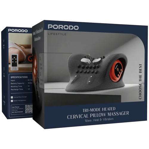 Porodo Lifestyle Tri-mode Heated Cervical Pillow Massager With Wave Heat & Vibration - Black